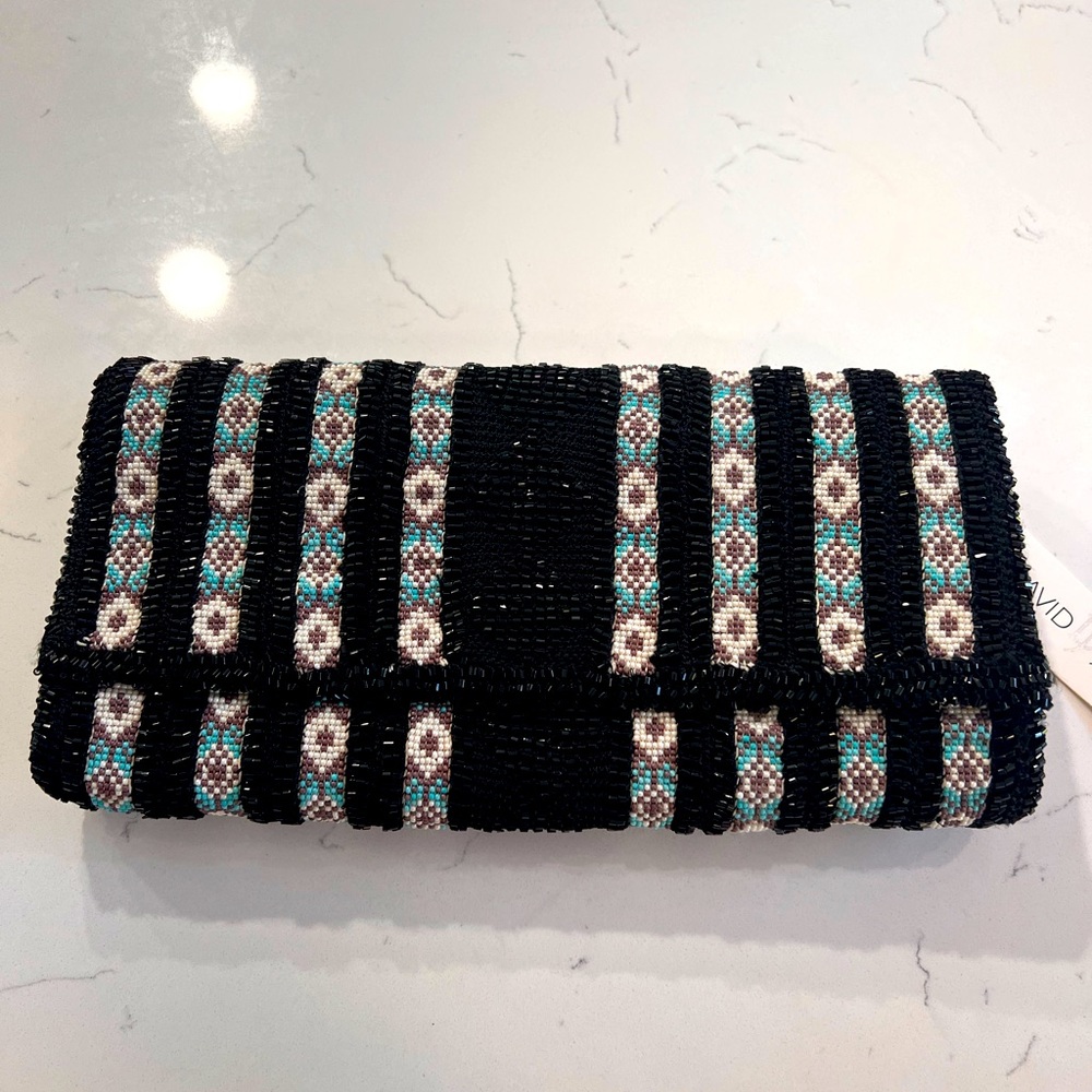 NWT David Jeffery Crossbody  Bag Beaded Black & Multicolor Aztec
